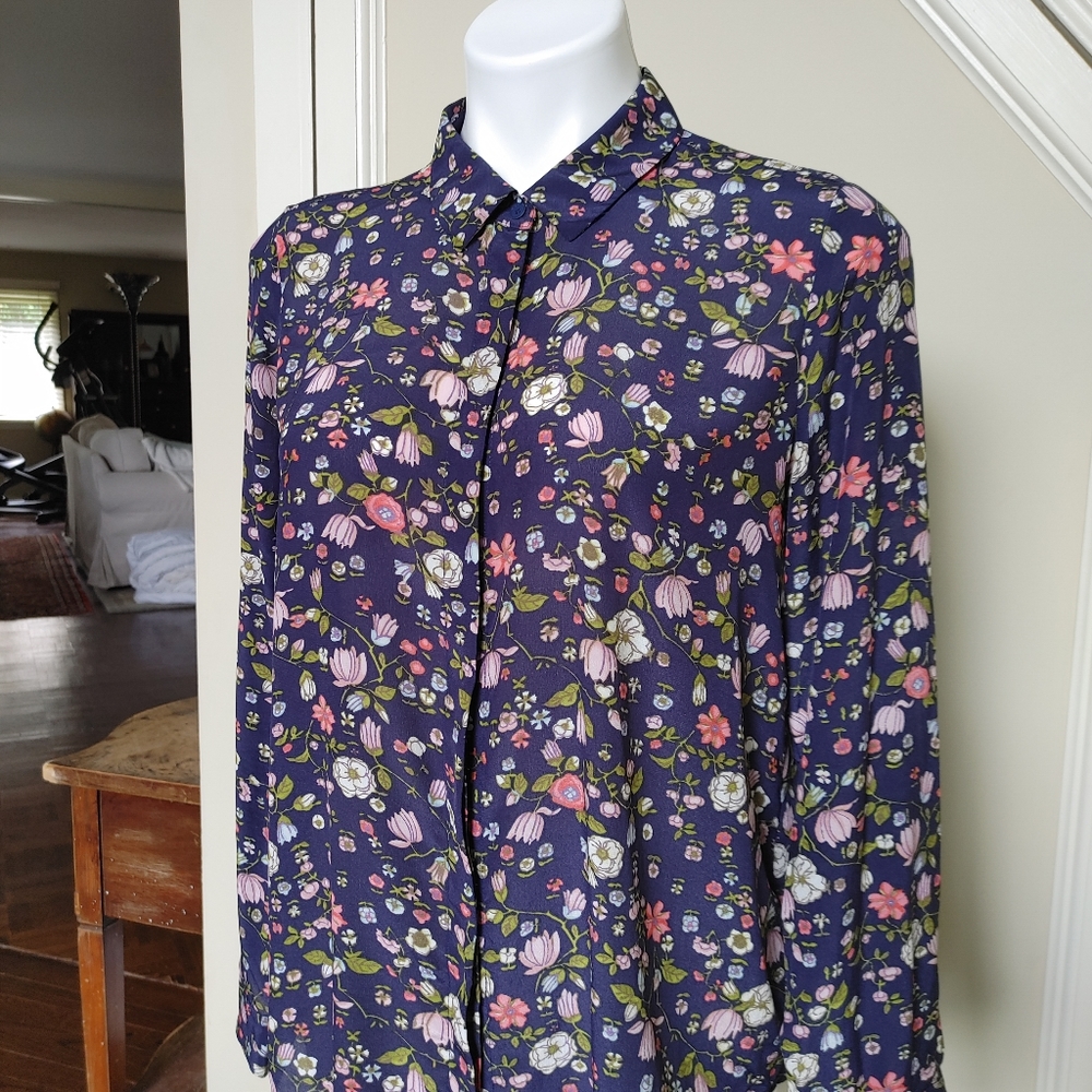 Rebecca Taylor navy floral silk blouse 8 excellent